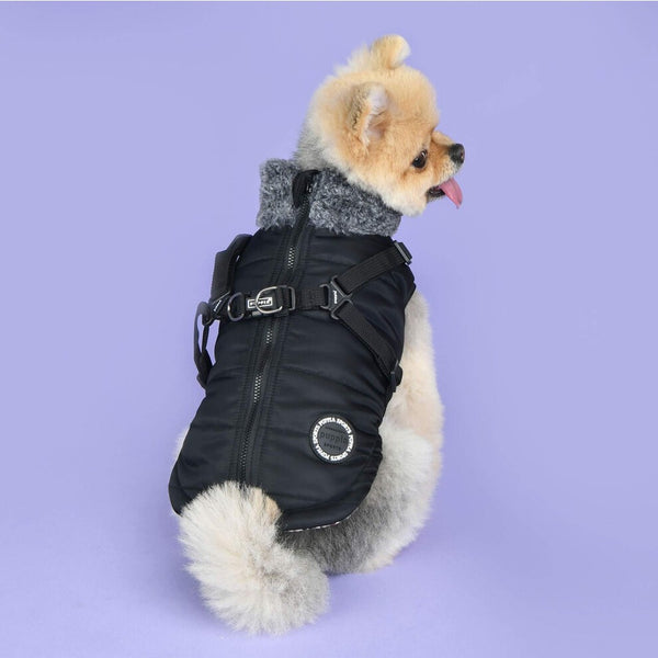 Puppia Donavan Winter Dog Coat with Integrated Harness No Pull Cold Weather Waterproof Warm Fleece Back Zipper for Small & Medium Dog Black Small - F9 - 872