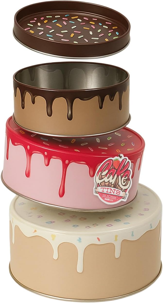 Suck UK Cookie Tin - Round Cake Tins with Lids - Novelty Cookies Jar - Cake Storage Container - Air Tight Birthday Cookie Box - Kitchen Storage Tins - Large Stackable Metal Tin Nesting - Set of 3 - G14 - 286