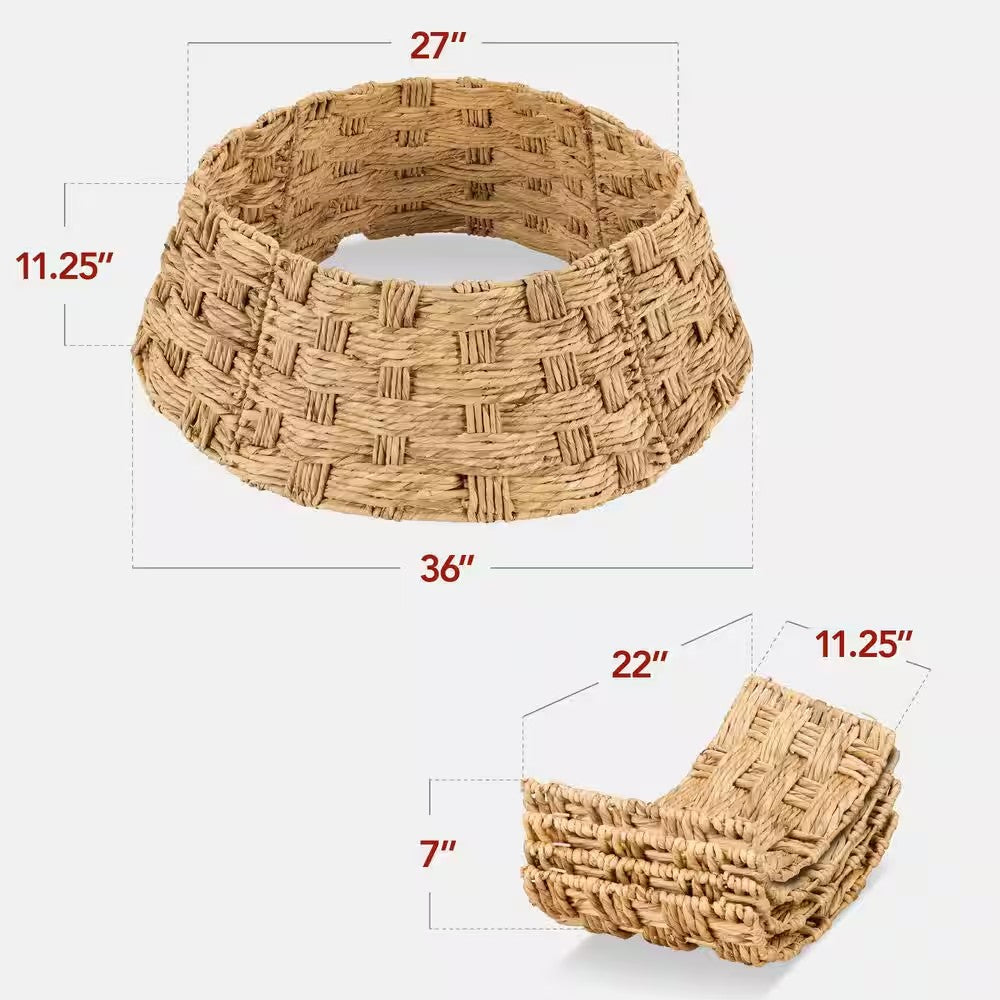 36 in. Basket Woven Hyacinth Christmas Cellulose Tree Collar, Skirt Accessory with Cord Cut-Out in Natural-G1-1592