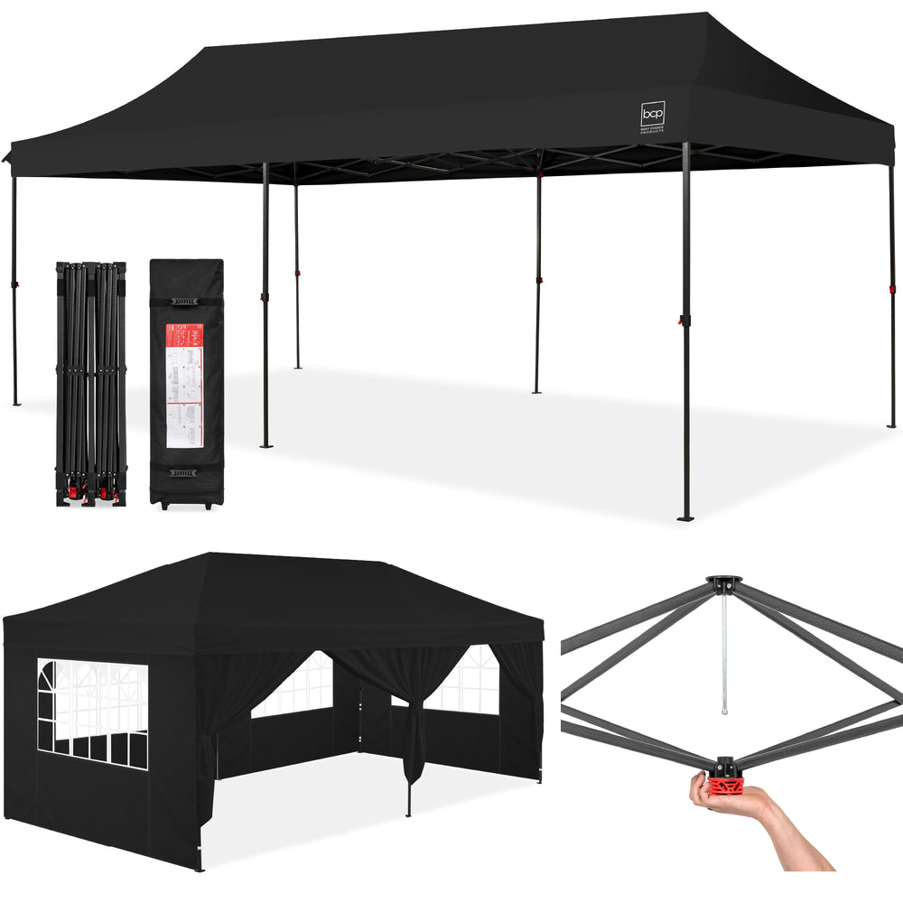 Best Choice Products 10x20ft Party Tent Pop Up Canopy Easy Setup w/ 1-Button Setup, Wheeled Case, 4 Weight Bags - Black - H7 - 1680