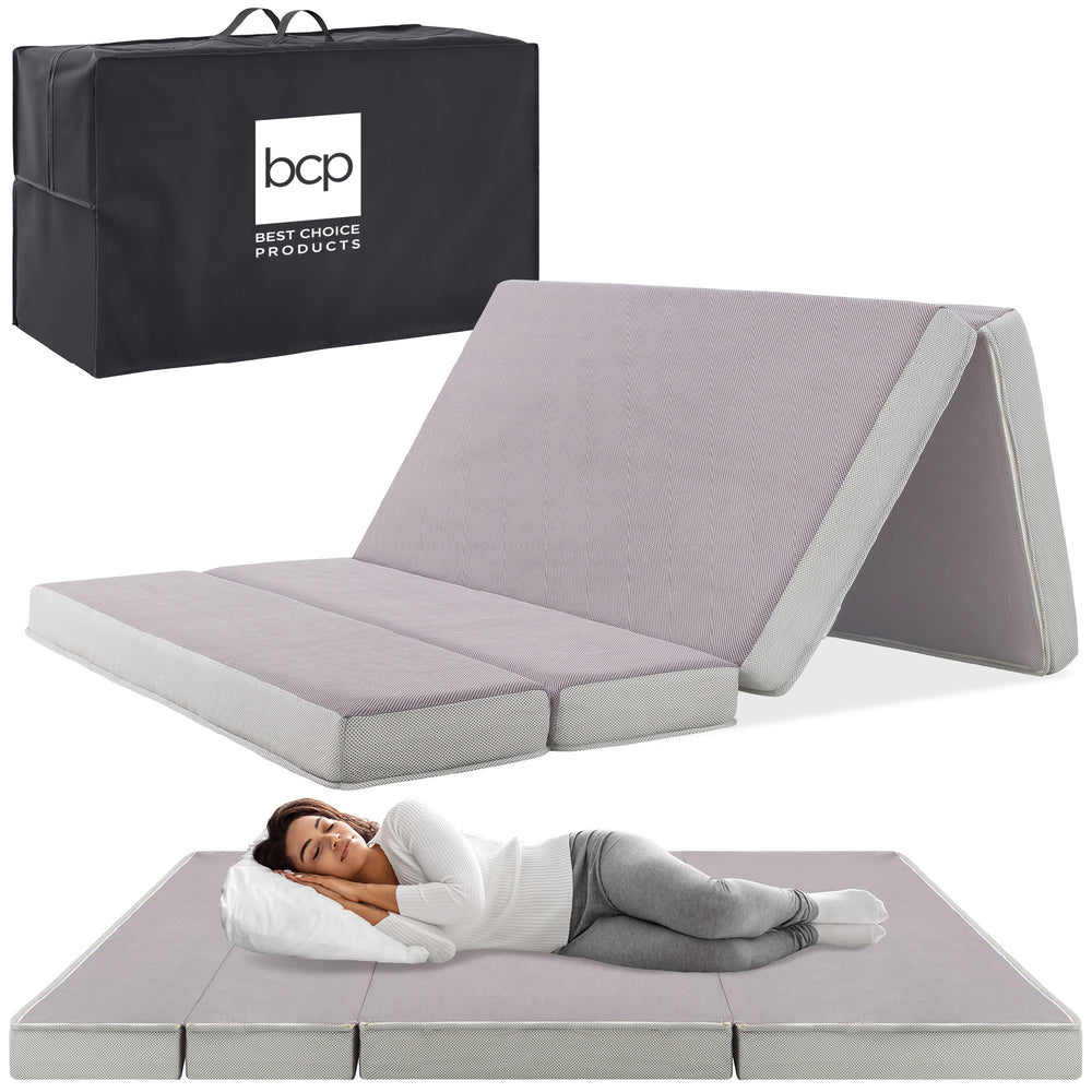 Best Choice Products 4in Thick Folding Portable Queen Tri-Fold Mattress w/ Carry Case, Washable Cover - Gray 1771 -K2-0039 -C9-0418
