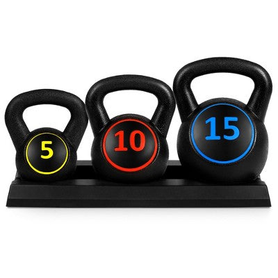 Best Choice Products 3-Piece Kettlebell Set with Storage Rack, Exercise Fitness Concrete Weights 5lb, 10lb, 15lb - L9 - 1591