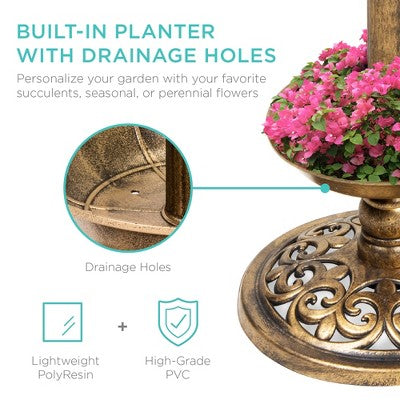 Best Choice Products Solar Lighted Pedestal Bird Bath w/ Planter, Integrated Panel - Bronze - L1 - 1362