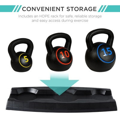 Best Choice Products 3-Piece Kettlebell Set with Storage Rack, Exercise Fitness Concrete Weights 5lb, 10lb, 15lb - L9 - 1591