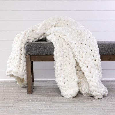 Transpac Polyester Creme Everyday Chunky Knitted Ivory Throw Blanket - C13 - 630
