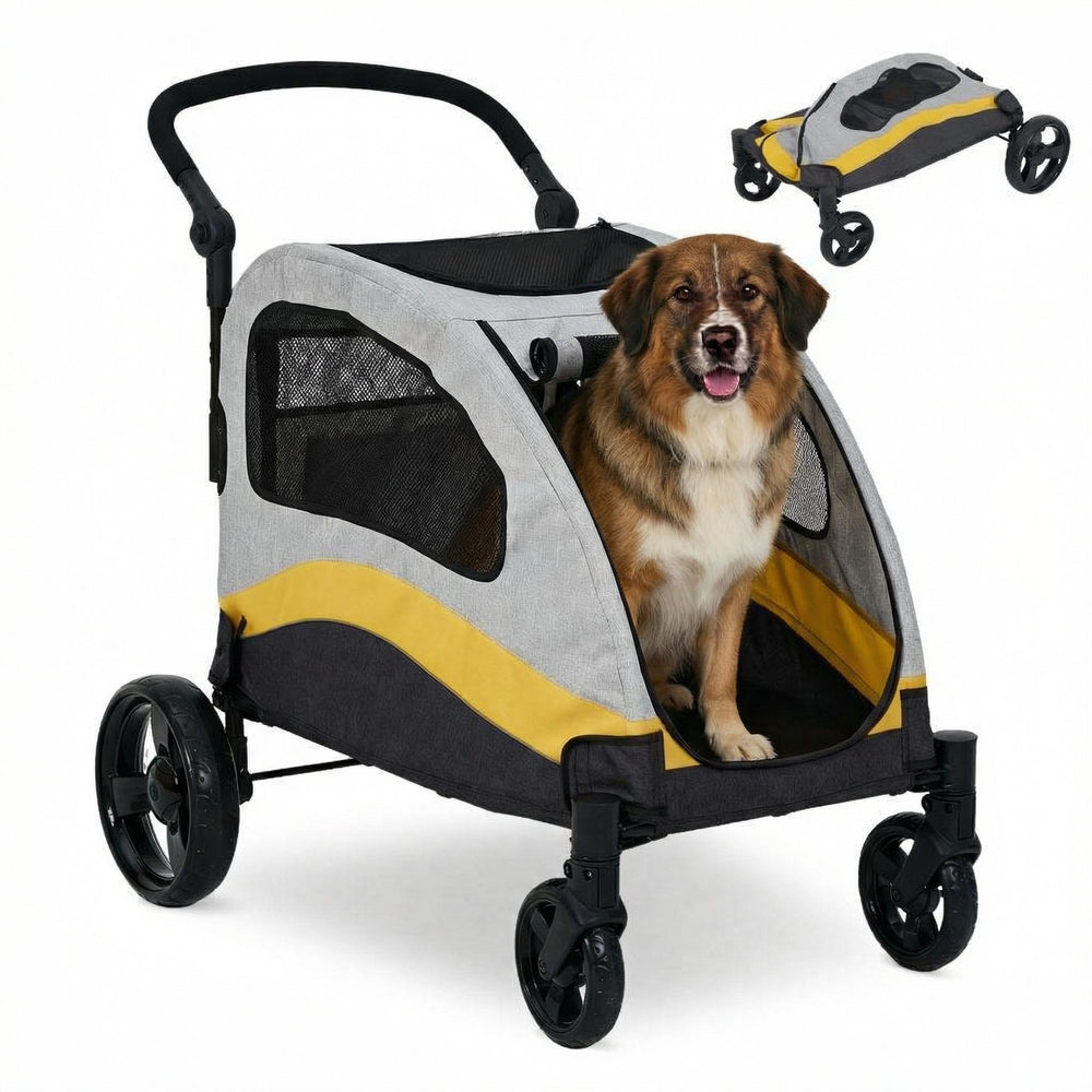 Heavy Duty XL Dog Stroller for Large Pets up to 160 lbs, Collapsible Pet Jogger with Breathable Mesh, 360  Swivel Wheels, Shock Absorption, Adjustable Handle, Storage Pocket, Yellow - M3 - 1983