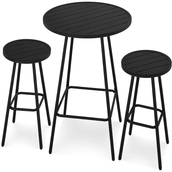 3-Piece Steel Patio Bar Height Round Bistro Set w/ Backless Stools, Slatted Design - Black - 1703