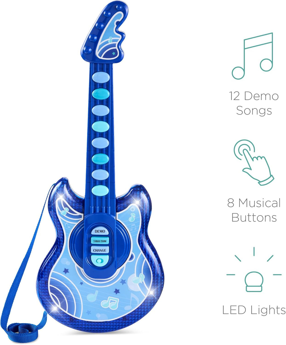 Best Choice Products 19in Kids Toy Guitar, Pretend Play Musical Instrument Toy for Toddlers w/Mic, Stand, 8 Demo Songs, Lights & Sounds - Blue - B2 - 1049