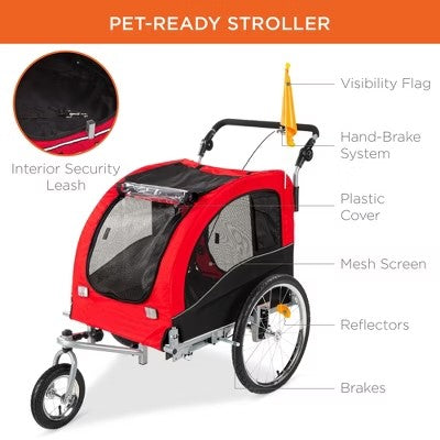Best Choice Products 2-in-1 Dog Bike Trailer, Pet Stroller Bicycle Carrier w/ Hitch, Brakes, Visibility Flag, Reflector - M9 - 1965