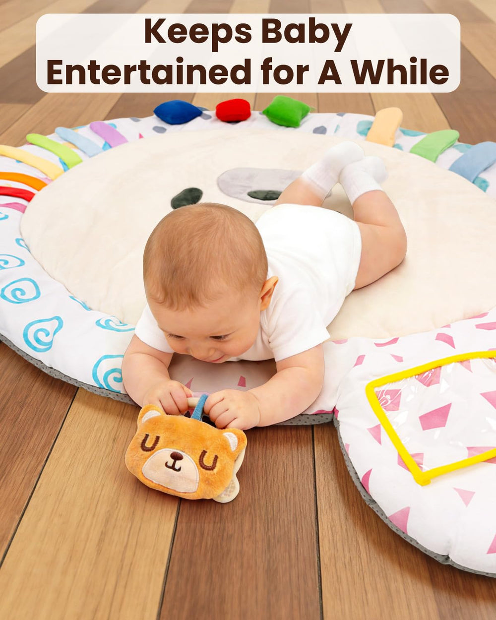 Baby Play Gym, Thickened and Non Slip Activity Mat, 5 Developmental Zones Tummy Time Mat with 5 Detachable Sensory Toys for Motor Skills, Baby Essentials Shower Gift Box(Bear) 1298