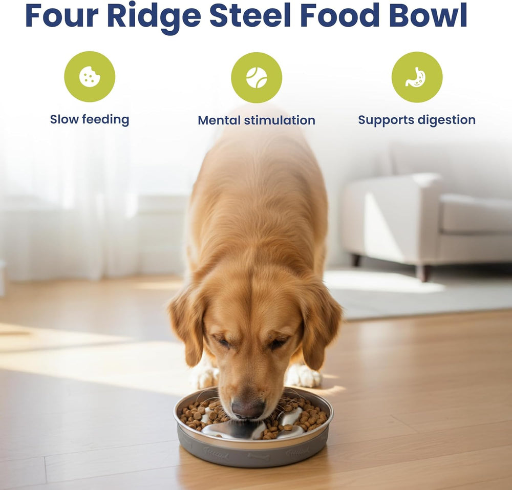 PawsPik Stainless Steel Slow Feeder Dog Bowl   4 Cup Capacity, 18/8 Food-Grade Metal, Anti-Slip Silicone Base, Four-Ridge Design for Slow Eating & Improved Digestion - F6 - 1805