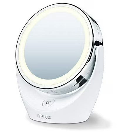 5x Magnifying Double-Sided Cosmetic Vanity Makeup Mirror Illuminated LED Lights 360  Degree Swivel Rotation On/Off Button Chrome Finish Cordless - K7 - 205 -A7-0390
