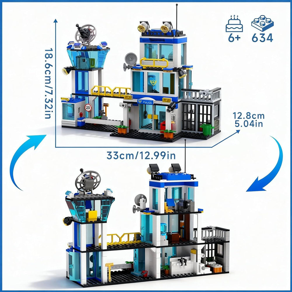 City Police Station Building Block Set with Light, 634 PCS HQ Station Kits with Helicopter, Police Car and Motorcycle. Ideal as a Birthday Holiday Collectible Gift for 6+ Fans, Boys and Girls 1293
