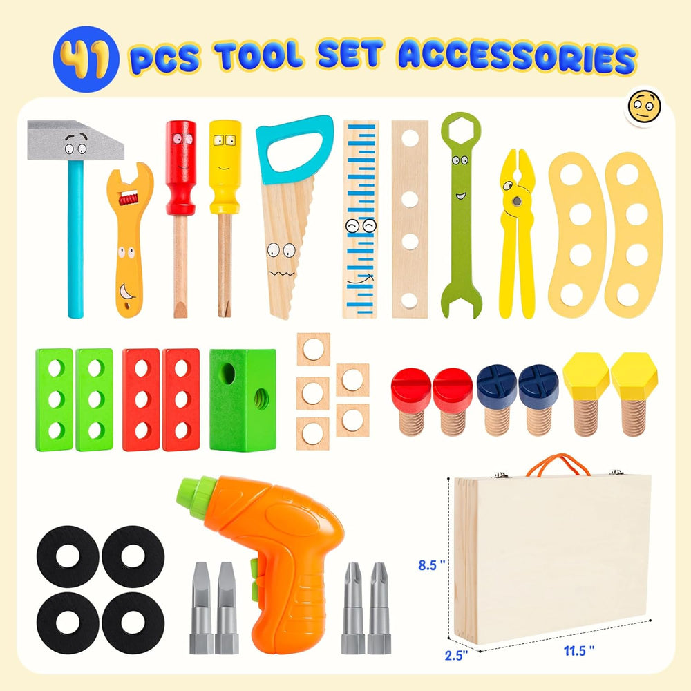 Kids Tool Set with Drill, Montessori Toys for 2 3 4 5 6 Years, Toddler Toys Easter Basket Stuffers, 41 Pcs Wooden STEM Construction Learning Pretend Play Games, Birthday Gift for Boys Girls 1308