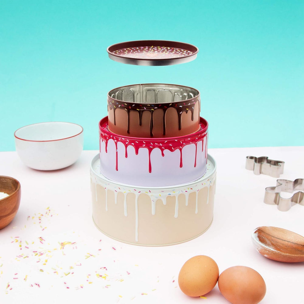 Suck UK Cookie Tin - Round Cake Tins with Lids - Novelty Cookies Jar - Cake Storage Container - Air Tight Birthday Cookie Box - Kitchen Storage Tins - Large Stackable Metal Tin Nesting - Set of 3 - G14 - 286