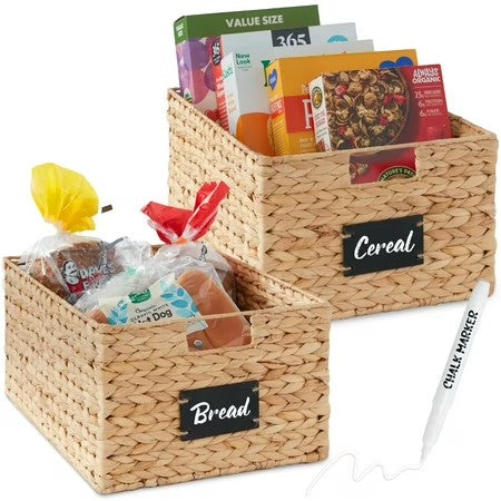 Best Choice Products Set of 2 16in Woven Water Hyacinth Pantry Baskets w/ Chalkboard Label, Chalk Marker - Natural - E2 - 1658