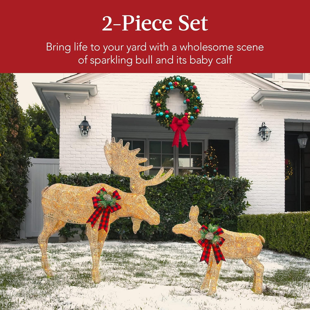 Best Choice Products 2-Piece Moose Family, Lighted Outdoor All-Weather Christmas Yard Decoration Light-Up D cor Set w/ 170 LED Lights, Ground Stakes, Zip Ties - Gold - A8 - 1459
