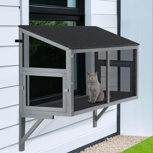 BeeNbkks Bug Proof Cat Catio, Window Box Enclosure for Indoor Cats, Wooden Cat Window Perch House, Expandable for Multi Cats, Secure Comfortable Outdo - A3 - 416