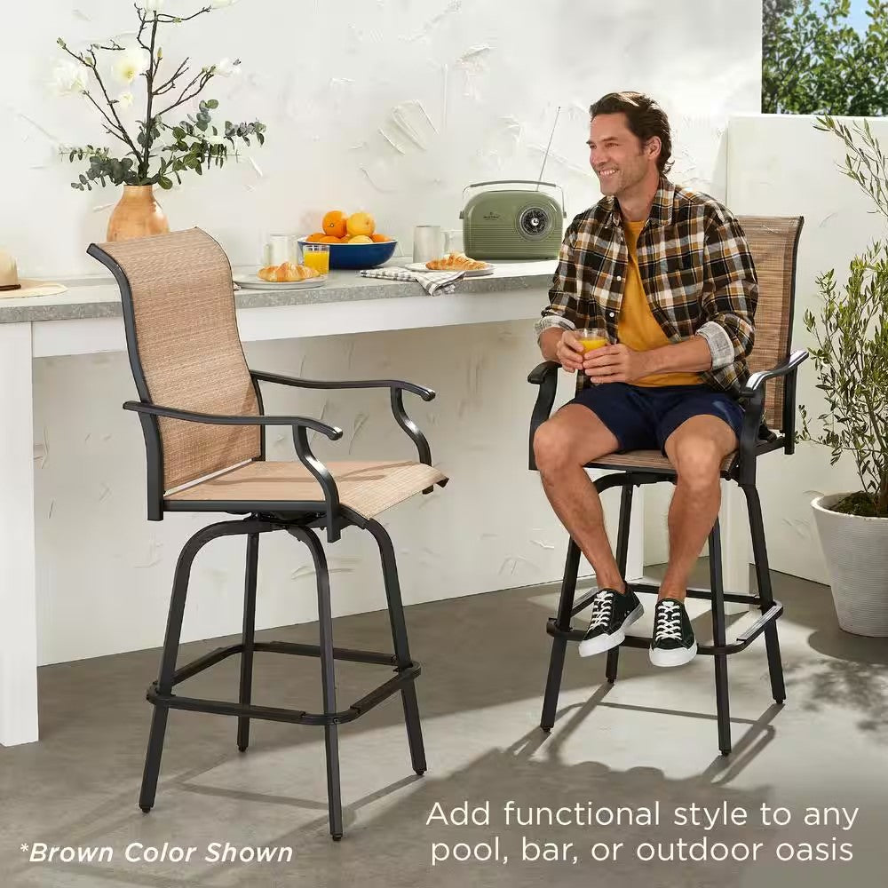 Gray Metal Outdoor Swivel Patio Bar Stool Chairs with 360-Degree Rotation, All-Weather Mesh (2-Pack) -D9-0594