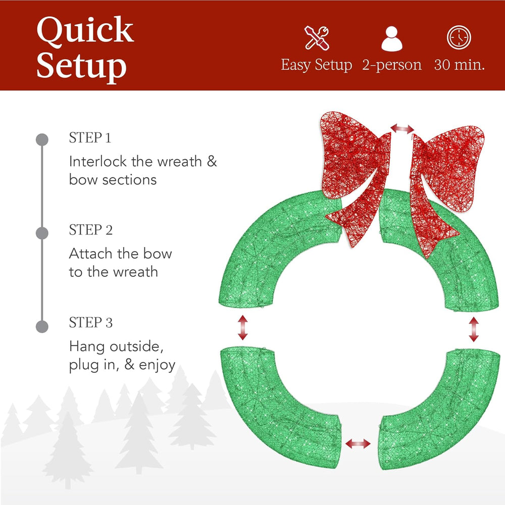 Best Choice Products 30in Pre-Lit Outdoor Christmas Wreath Decoration, LED Metal Holiday Decor for Home w/ 100 Lights, Bow - Green/Red 1483