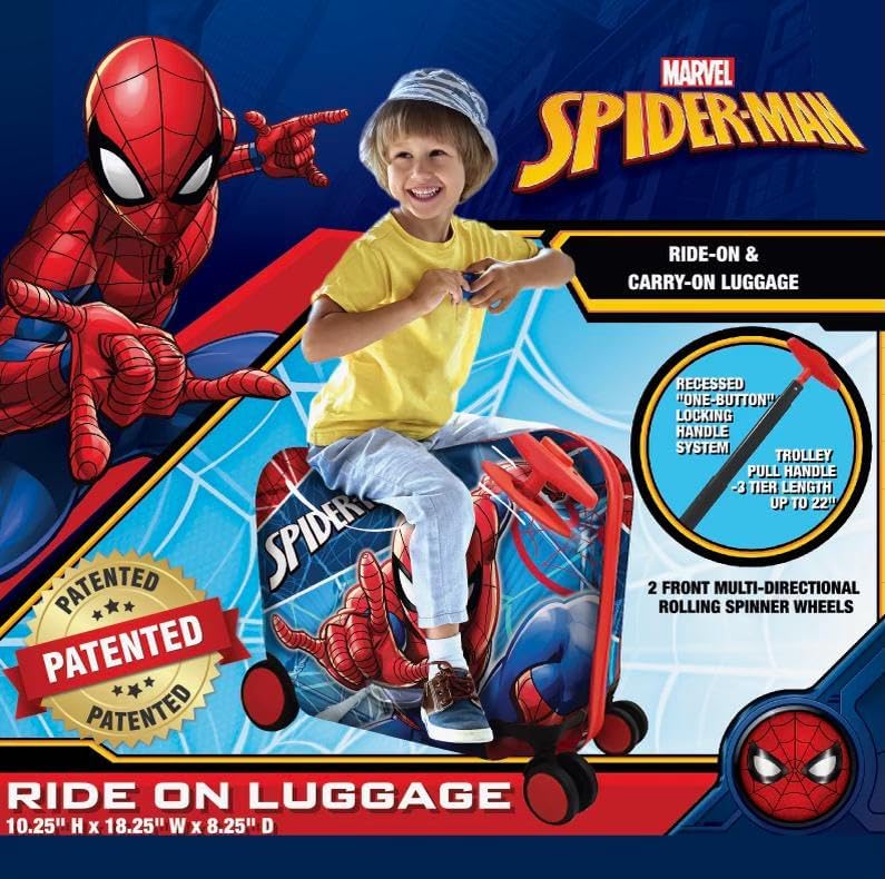 Fast Forward Spiderman Ride on Luggage for Kids, 18' Suitcase with Seat for Kids, Cute Lightweight Travel Trolley 1707