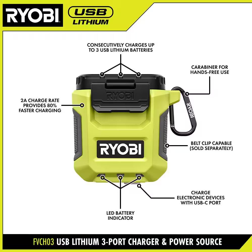 RYOBI USB Lithium 3-Port Charger and Power Source 1673