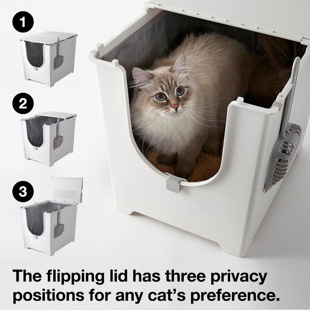 Modkat Flip Litter Box with Lid - Covered Front-Entry Cat Litter Box with Lid - Full Height Seamless Base, Leak-Proof Design - Reusable Liner, Sifting Scoop & 2 Bamboo Charcoal Filters (White) - D7 - 521