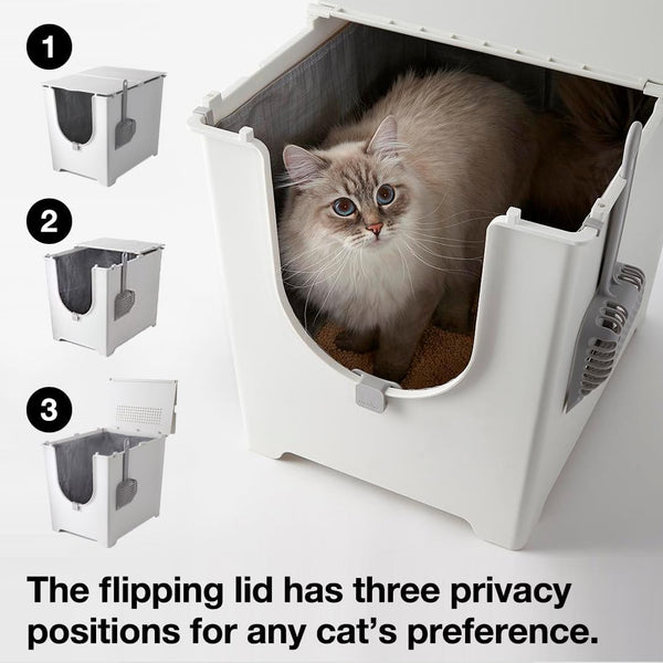 Modkat Flip Litter Box with Lid - Covered Front-Entry Cat Litter Box with Lid - Full Height Seamless Base, Leak-Proof Design - Reusable Liner, Sifting Scoop & 2 Bamboo Charcoal Filters (White) - D7 - 521