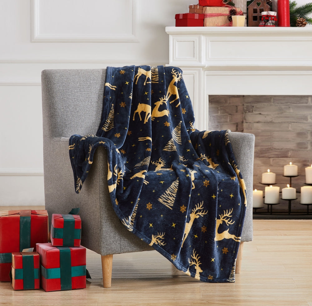 RT Designers Collection THGR238 50 x 60 in. Golden Reindeer Printed Flannel Throw -E7-1750 -E7-1751