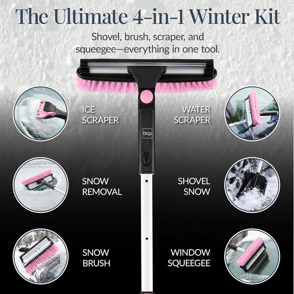 Best Choice Products 4 in 1 Snow Brush with Shovel, Squeegee & Ice Scraper, Up to 39" Extendable Foam Grip, 270  Pivoting Snow Brush for Car Truck SUV, Storage Bag Included - Pink - B10 - 1475