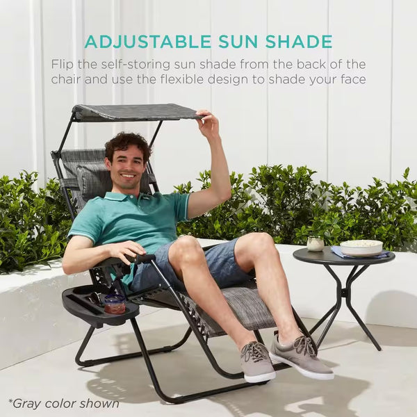 Zero Gravity Folding Reclining Forest Green Outdoor Lawn Chair with Canopy Shade, Headrest Tray -M12-0052