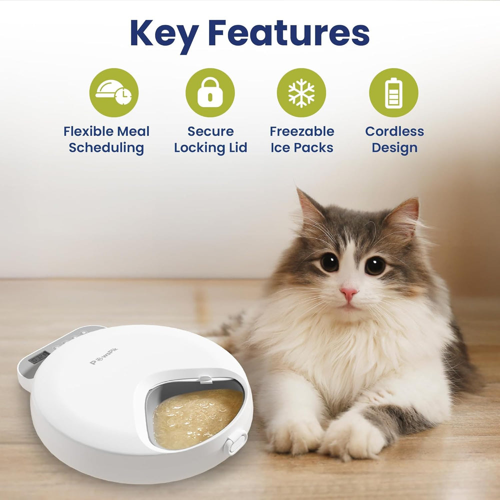PawsPik Smart 4-Meal Automatic Pet Feeder   Programmable Timer for Wet & Dry Food, Cordless, with Ice Packs   Dog & Cat Feeder, White, 4-Cup Capacity - G5 - 1941