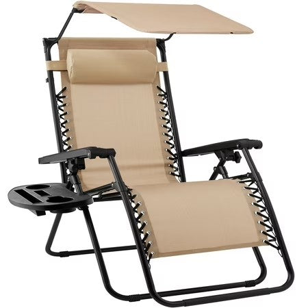 Best Choice Products Folding Zero Gravity Recliner Patio Lounge Chair w/ Canopy Shade, Headrest, Tray - Beige - M5 - 1958