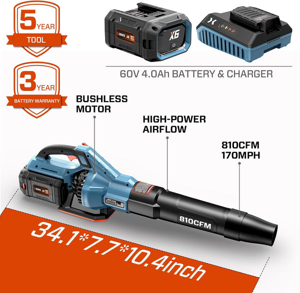 SENIX Leaf Blower Cordless, 60V Max 1300W Brushless Electric Leaf Blowers, 810 CFM & 170 MPH, Stepless Speed, Cruise Control, 60V 4.0Ah Battery & Charger Included,Blowers for Lawn Care, Yard, Garden 1949