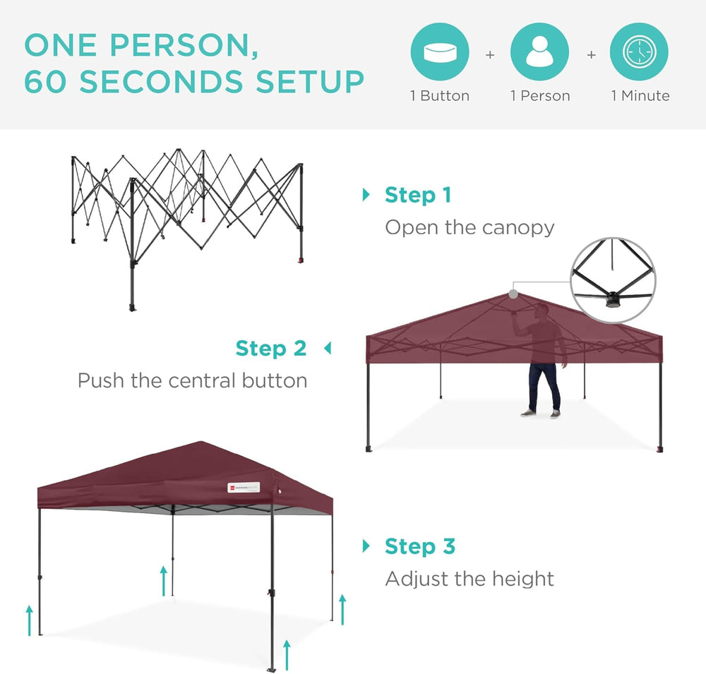 Best Choice Products 12x12ft Pop Up Canopy Tent, Outdoor Shade, 1 Person 1 Minute Set Up, Carry Case, 4 Weight Bags - Burgundy - D9 - 1320