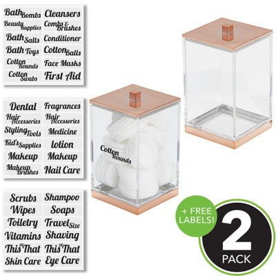 mDesign Small Apothecary Storage Jar with Labels for Bathroom - Clear/Rose Gold -K4-1448