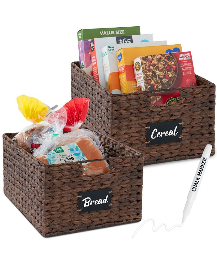 Best Choice Products Set of 2 16in Woven Water Hyacinth Pantry Baskets w/ Chalkboard Label, Chalk Marker - Brown -A3-1032