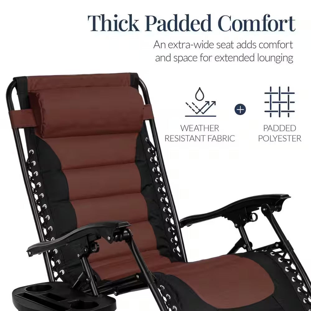 Oversized Padded Zero Gravity Brown Metal Reclining Outdoor Lawn Chair w/Side Tray -D9-0593