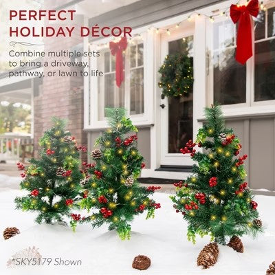 Best Choice Products Set of 2 24.5in Outdoor Scotch Pine Pathway Christmas Trees Decor w/ LED Lights, Pine Cones -E3-1660