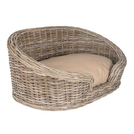 THE LICKER STORE Curvy 33" x 21.25" Classic Handwoven Rattan Pet Bed with Machine-Washable Cushion, Kubu Gray, DBD1001A - H2 - 985