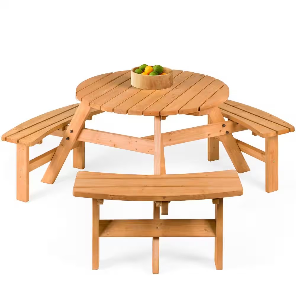 6-Person Natural Circular Wooden Picnic Table w/ Umbrella Hole, 3-Benches - H8 - 114