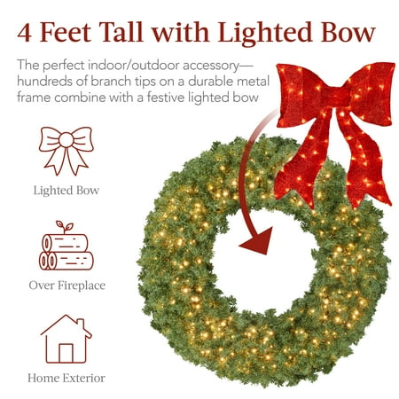Best Choice Products 48in Artificial Pre-Lit Fir Christmas Wreath Decor w/ Red Bow, 250 LED Lights, 714 Tips, Plug-In - E2 - 961