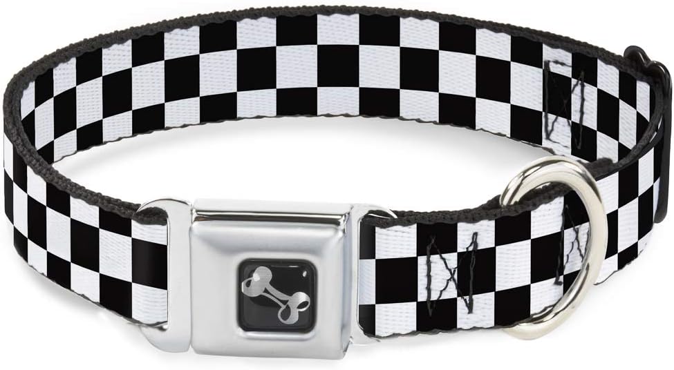 Dog Collar Seatbelt Buckle Checker Black White 18 - 36 Inches 1.5 Inch Wide, Multicolor - L10 - 1660