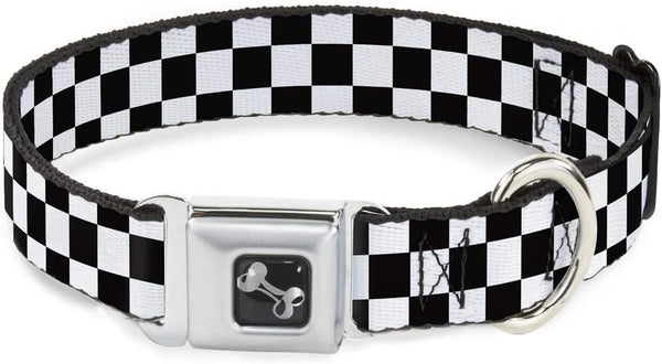 Dog Collar Seatbelt Buckle Checker Black White 18 - 36 Inches 1.5 Inch Wide, Multicolor - L10 - 1660