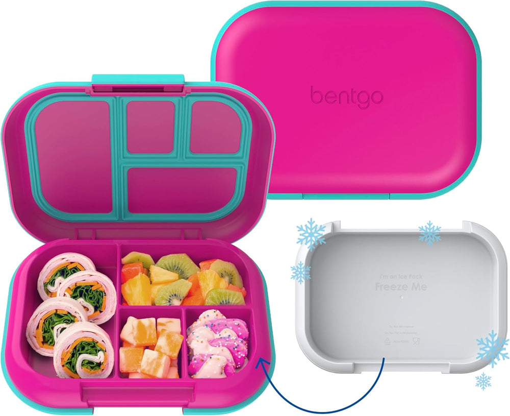 Bentgo Chill Kids Leak-Proof Lunch Box - 4-Compartment Bento Box with Built-In Ice Pack, 3.3 Cup Capacity, PFAS & BPA-Free, Microwave & Dishwasher Safe, Ideal Size for Ages 3 to 7 (Fuchsia/Teal) - B10 - 1256