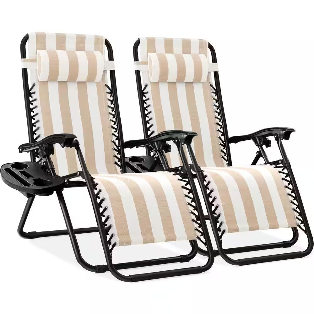 Tan Striped Metal Zero Gravity Reclining Lawn Chair with Cup Holders (2-Pack) - H6 - 1071