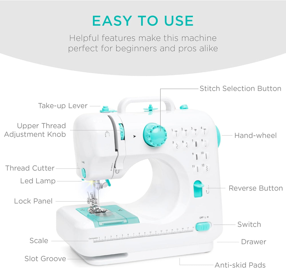 Best Choice Products Compact Sewing Machine, 42-Piece Beginners Kit, Multifunctional Portable 6V Beginner Sewing Machine w/ 12 Stitch Patterns, Light, Foot Pedal, Storage Drawer - Teal/White - A13 - 720