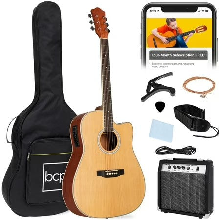 Best Choice Products Beginner Acoustic Electric Guitar Starter Set 41in w/ Wood Cutaway Design, Gig Bag - Natural -B3-1026