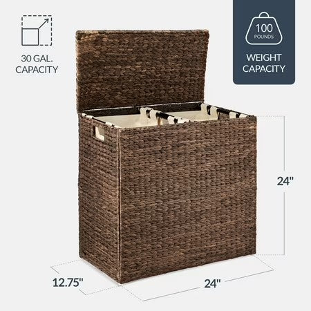 Best Choice Products Large Natural Water Hyacinth Double Laundry Hamper Basket w/ 2 Liner Bags, Handles - Espresso -A4-0465