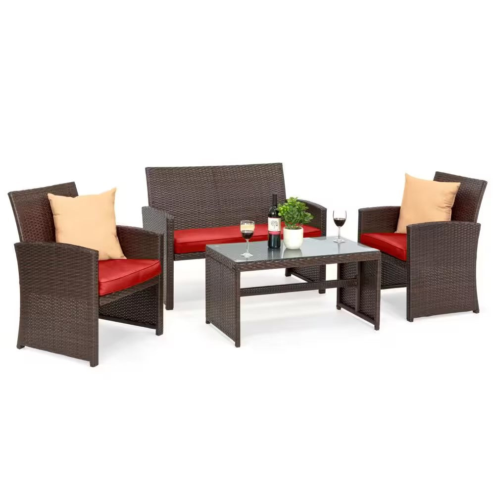 Brown 4-Piece Wicker Patio Conversation Set with Red Cushions, 4 Seats, Tempered Glass Table Top - D8 - 1466